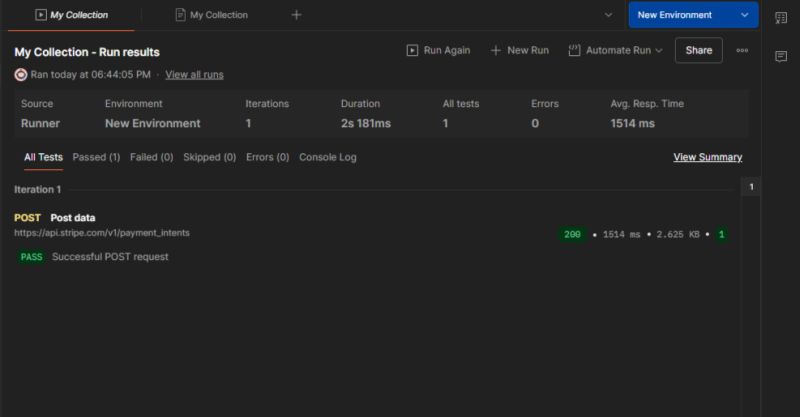 Stripe PaymentIntent API workflow in Postman — $20 test transaction